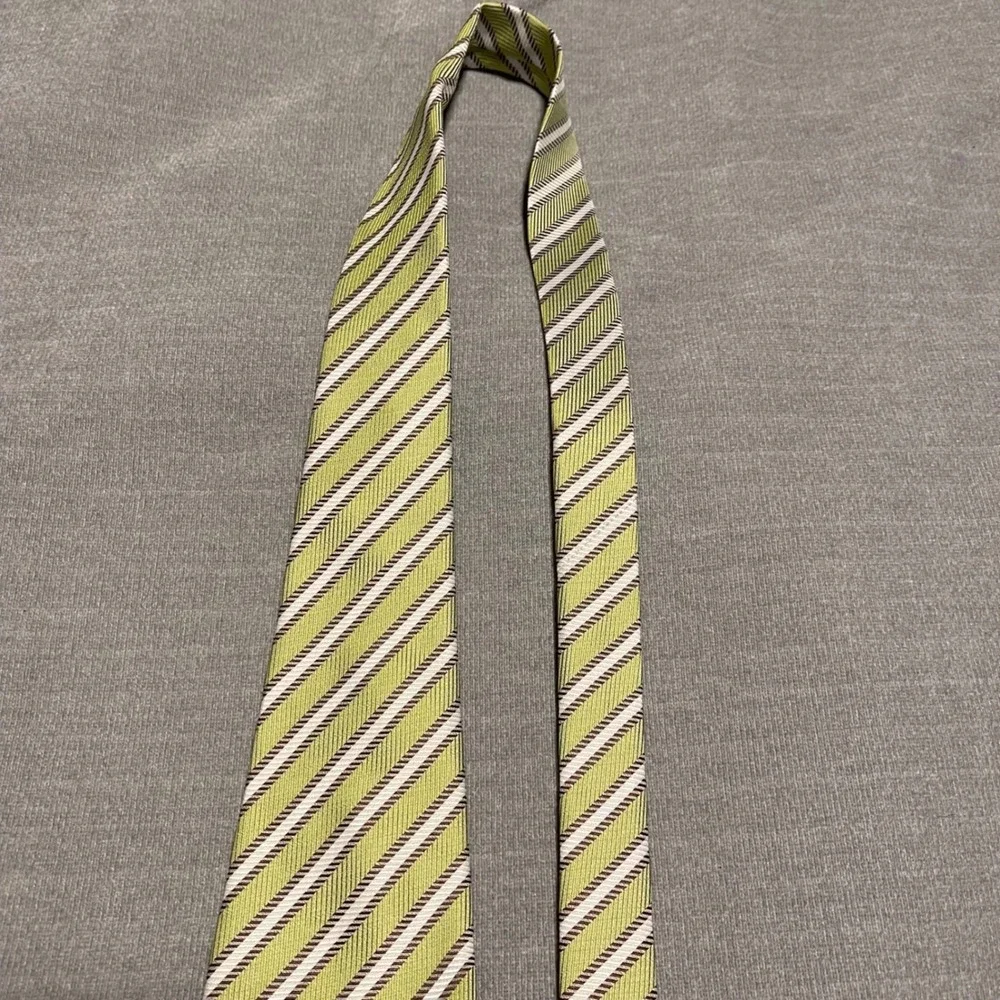 Ermenegildo Zegna Silk Blend Striped Necktie‎ Lime Green Brown White Suit Tie
